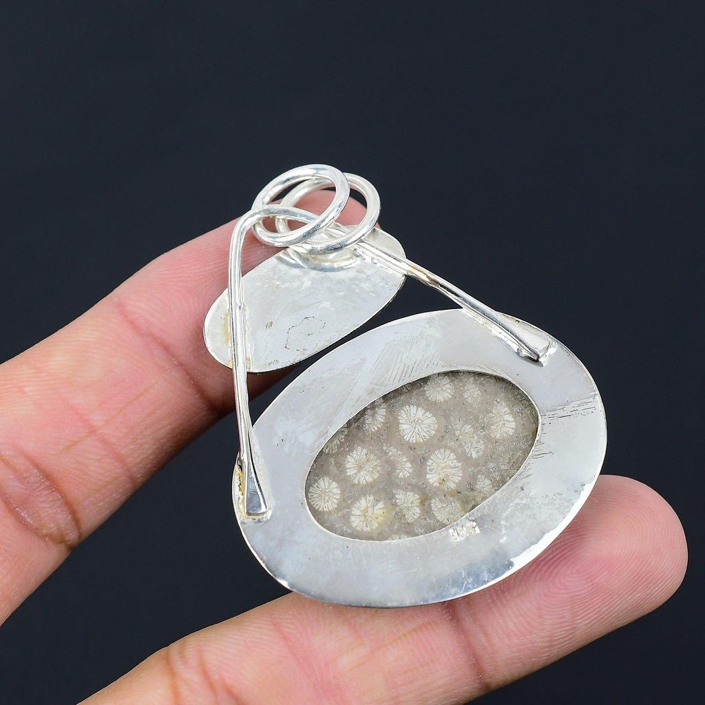 Oval Fossil Coral Stone 925 Silver Anniversary Daughter Wedding Pendant Jewelry
