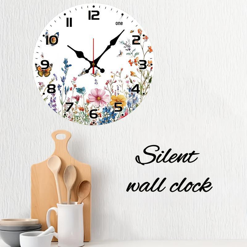 Pastoral Watercolor Wildflowers & Butterflies Silent Wall Clock for Living Room