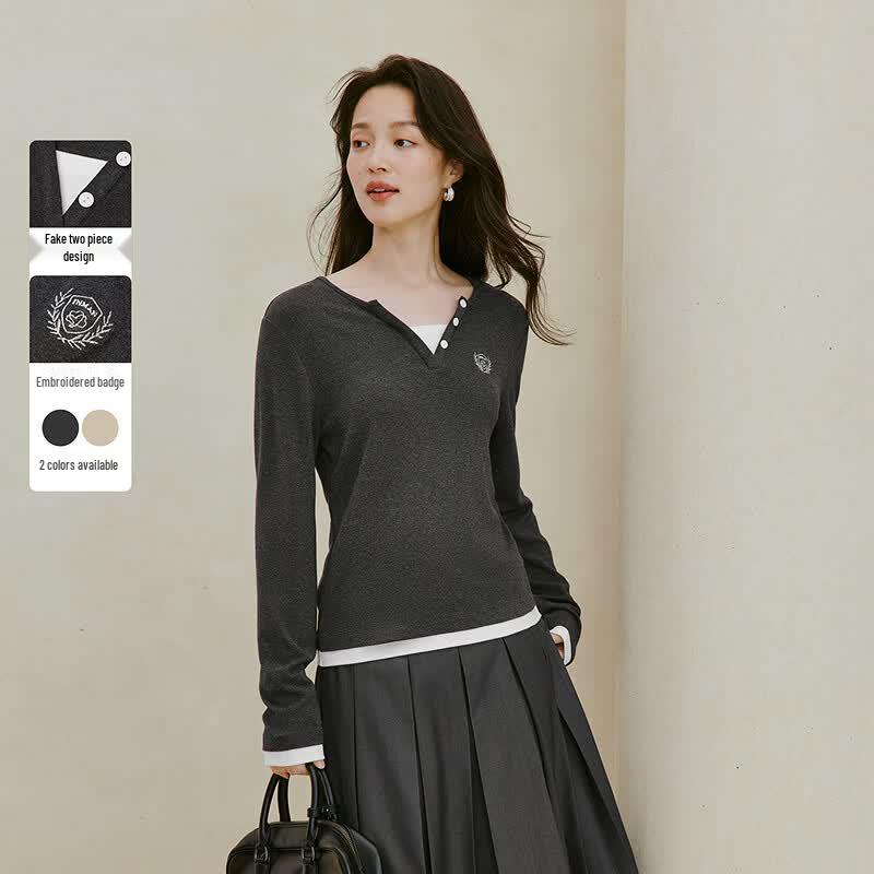 INMAN Women s Color-Block Faux Two-Piece Long-Sleeve T-Shirt L