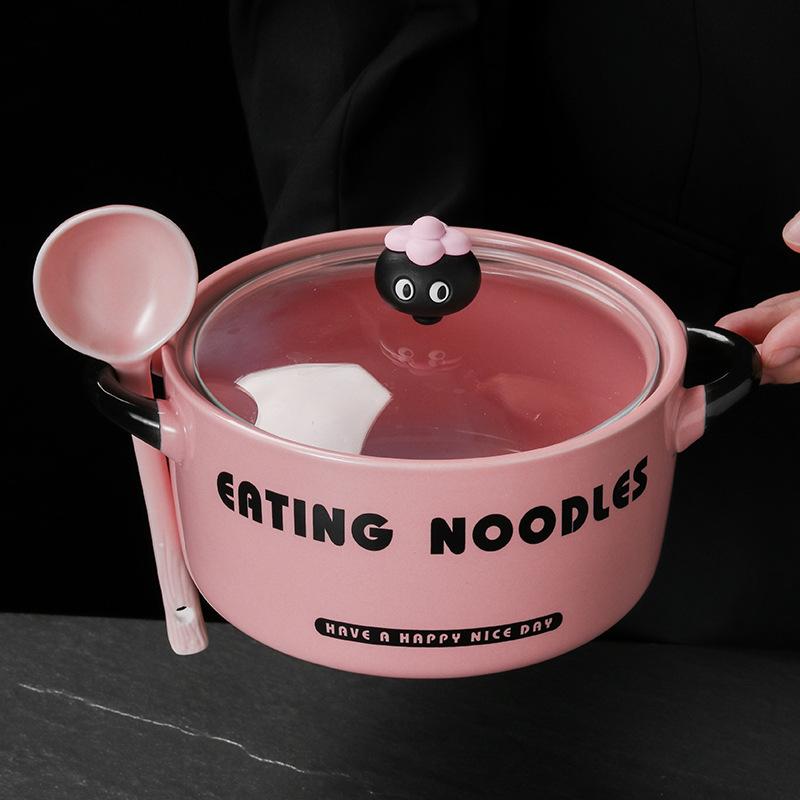 High-value Cute Instant Noodle Bowl with Lid 2024 New Household Binaural Ceramic Soup Bowl Student Dormitory Snail Powder Bowl