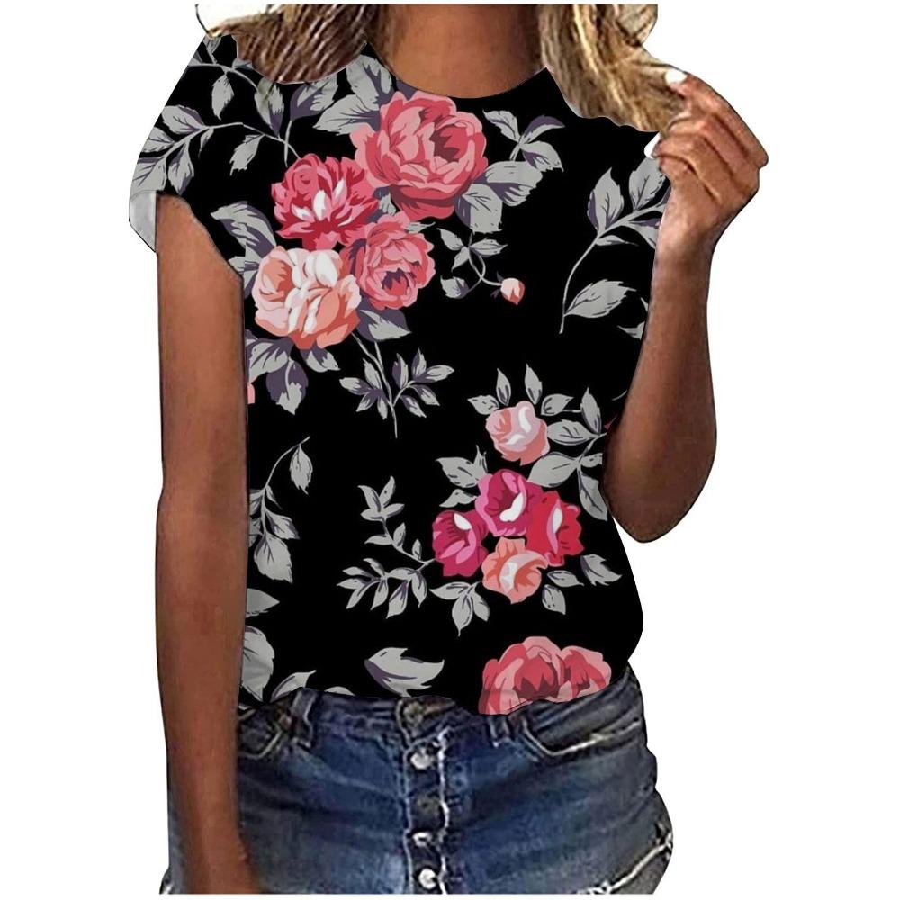 Fashionable retro flower printed T-shirt 2XS