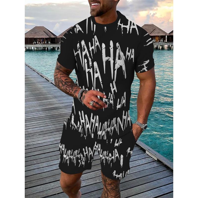 Mens Summer TwoPiece Set Animal Lion 3D Print Crew Neck Short Sleeve T-Shirt & Drawstring Shorts Outdoor