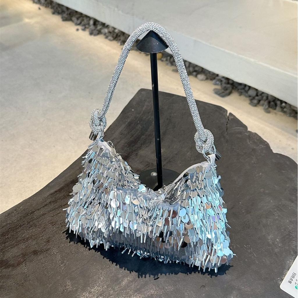 Retro Silver Sequin Bag with Glitter, Hand-held Crossbody Chain Shoulder Bag, Women's Small Bag, Dinner Bag