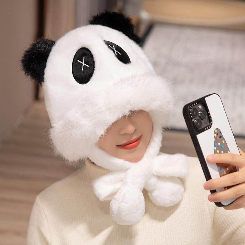 Cute Giant Panda Hat Winter Warm Ears Furry Cartoon Hat Girls Out Of The Street Backpack Oblique Span Bag