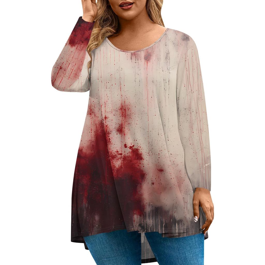 Women's Fashion Large Size Round Neck Long Sleeve Casual Halloween Print Loose Pullover Top