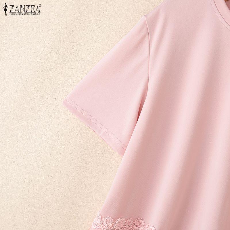 ZANZEA Women Casual Round Neck Loose Lace Splice Summer Short Sleeve T-Shirts