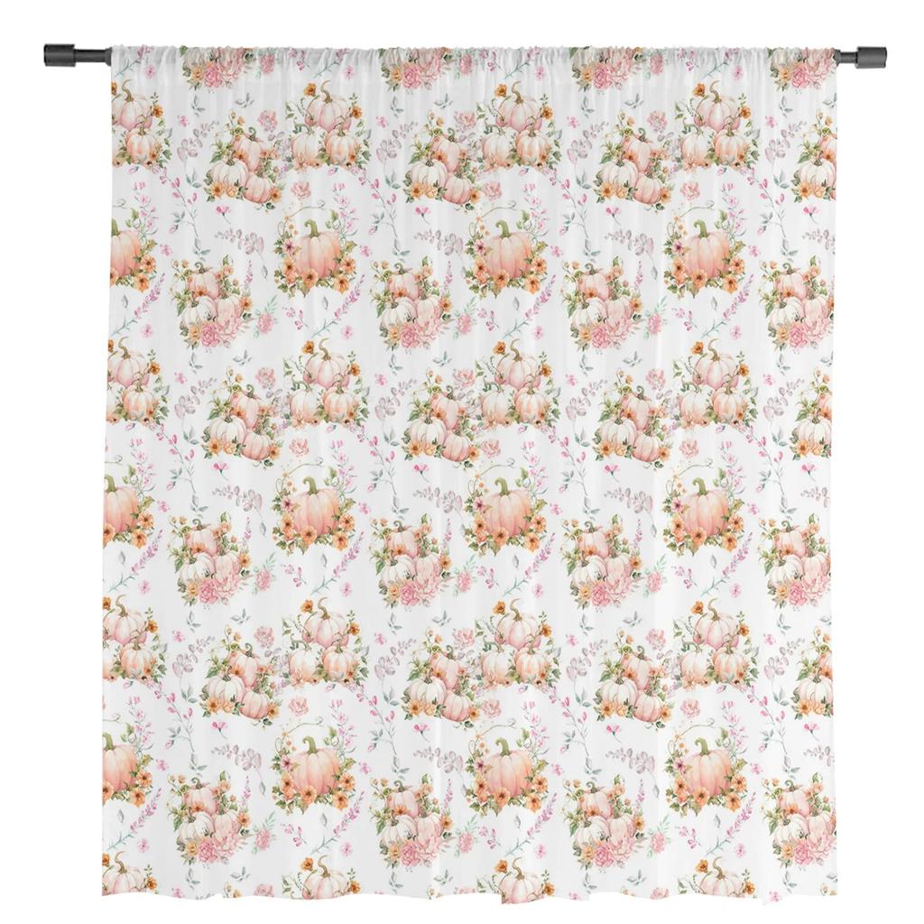 Thanksgiving Pumpkin Flowers Sheer Curtains For Living Room Bedroom Tulle Curtain For Kitchen Voile Curtain Blind Panels