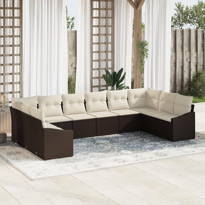 VidaXL Ensemble de Canapé de Jardin 10 Pièces avec Coussins Rattan Poly Marron 3346898