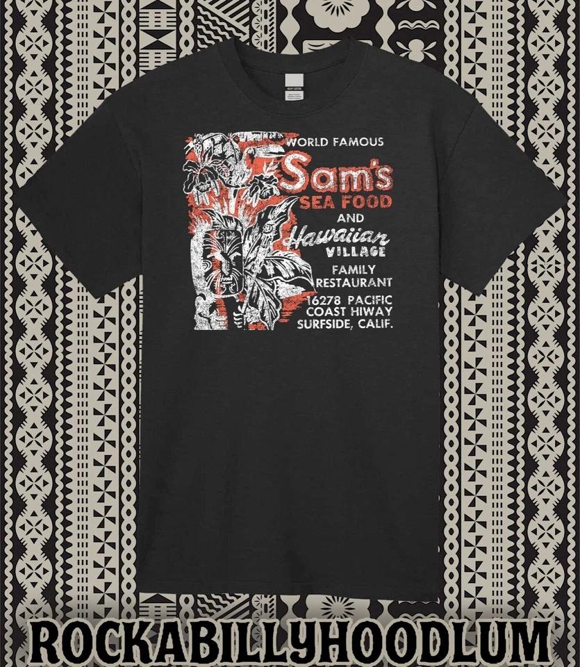

Retro Tiki Art Tee T Shirt Bar Mug Restaurant Sams Seafood Hawaiian Village CA XL