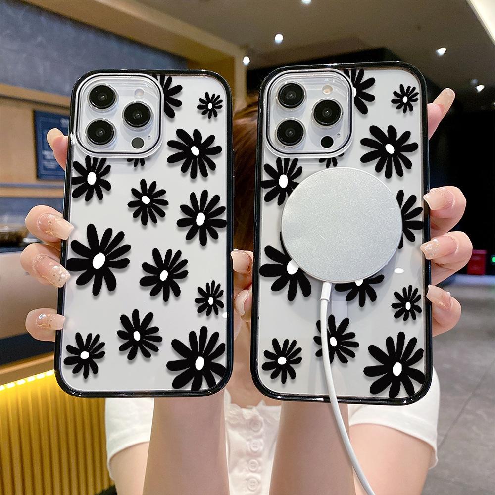 Black Flower Thin Circle Acrylic Magnetic Mobile Phone Case Is Suitable for Iphone15 Simple Apple 17promax Hard Case