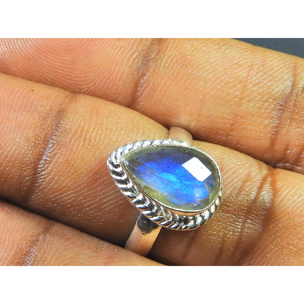 Natural Labradorite 925 Sterling Silver Pear Handmade Vintage Ring Size US-7 MK-95