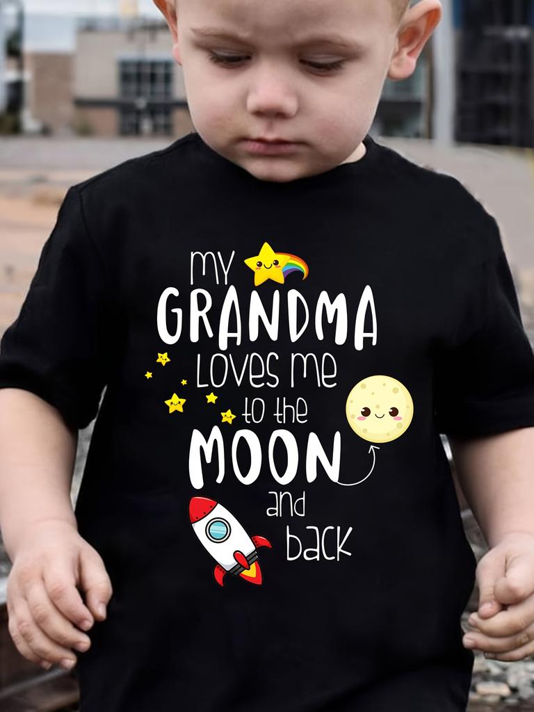 European Sizes Summer Fashion Short Sleeve T-Shirt for Boys with The Phrase MY GRANDMA LOVES ME TO THE MOON AND BACK Print