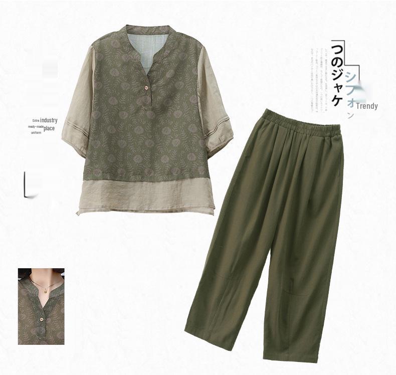 Dámský letní lněný ležérní oblek 2024: Módní bavlněno-lněný dvoudílný set pro ženy středního věku, plus size, drobné maminky