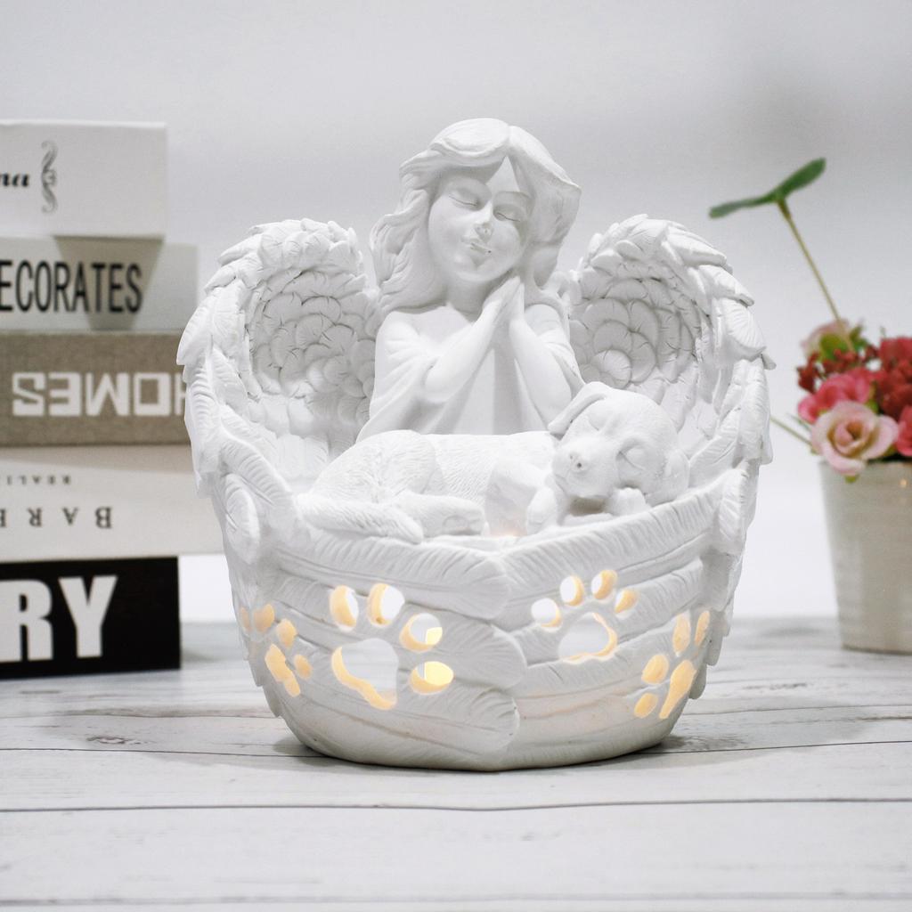 Custom White Resin Fairy Angel & Pet Dog Figurine Paw Print Candle Holder for Home & Memorial Decor Elegant Model Pattern
