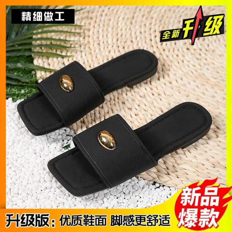 

2025 лето новый квадратный носок открытый носок модные металлические застежки на плоской подошве уличная одежда универсальные крутые шлепанцы на низком каблуке женские 43 серый