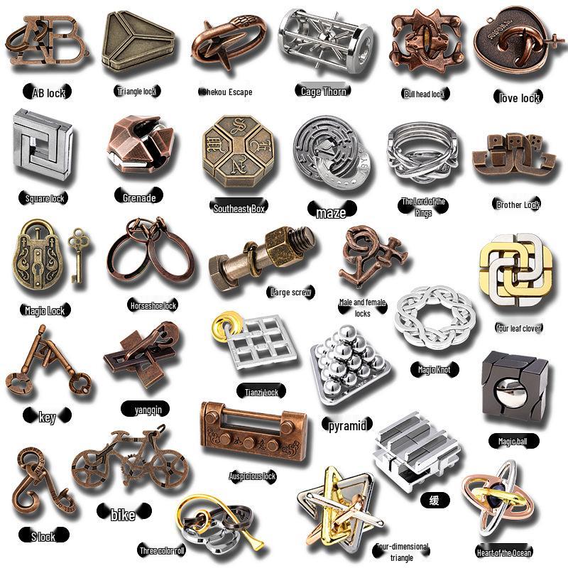 Kinder Intelligenz Puzzle Set: Luban- und Kongming-Schlösser, Neun ineinandergreifende Ringe, Hufeisenschloss - Trendiges Lernspielzeug auf TikTok