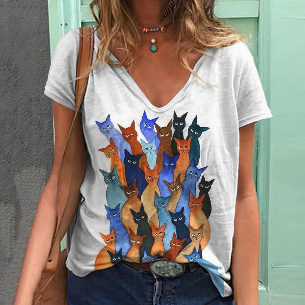 Summer Cat 3D Printed V-neck Short Sleeved  Women's T-shirts