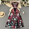 Summer Sweet Ethnic Style Retro Deep V-neck Wooden Ear Edge Sleeveless Printed Dress Women Cake Fairy Long Dress