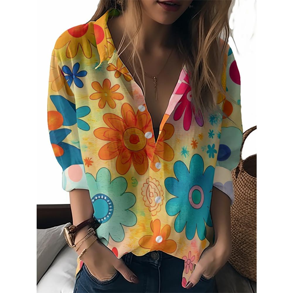Sommer Minimalistisches Hemd mit Digitalem Blumenprint Knopfleistenhemd Oberteil für Damen Hawaiianischer Strandurlaub Lässiges Hemd