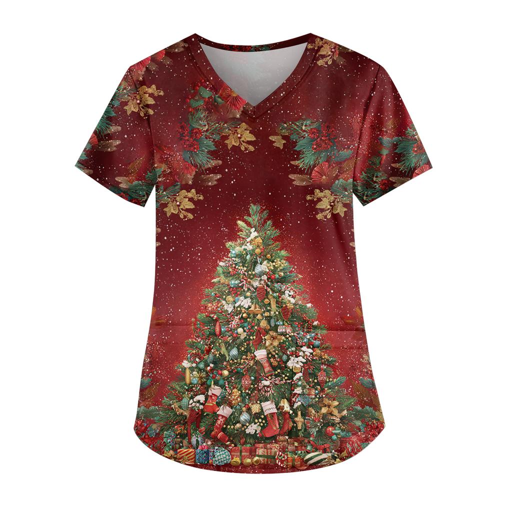 Ladies' Fashionable V-neck Pocket Short Sleeved Christmas Tree Printed Caregiver Uniform