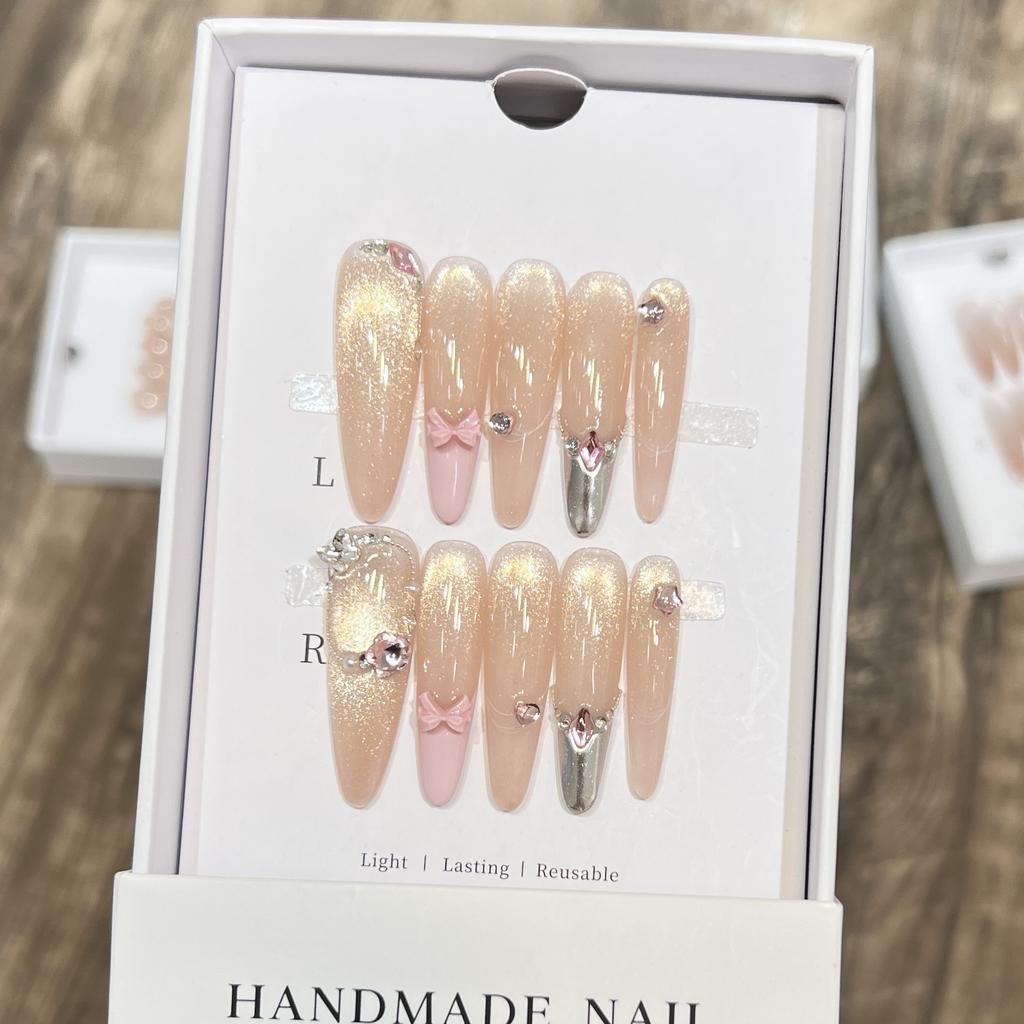 Girly Nude Cat Eyes Pink French Bow Bursting Broken Diamond Pure Hand-wearing Armor Advanced