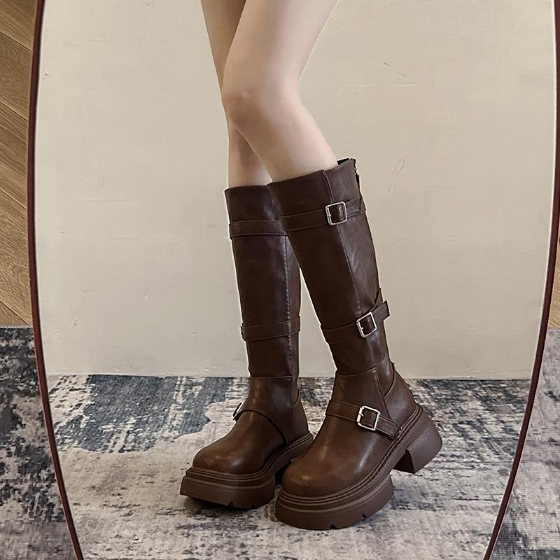 Punk Style Thick Heel Woman Knee High Boots Fashion Belt Buckle Zippers Shoes Female Knight Booties Shoes