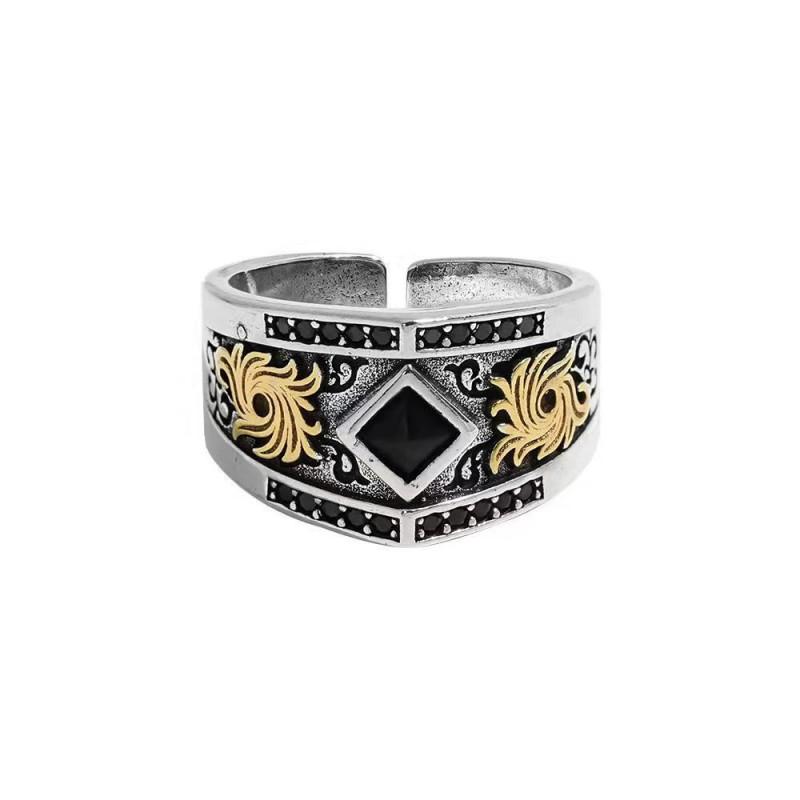 Adjustable Open Ring Men Women Sterling Vintage Knight Style Geometric Design With Square Rivet Detail Adjustable Open Band