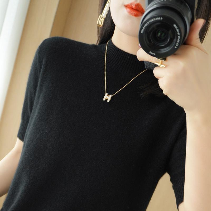 Spring and Summer Women's New Loose Half Turtleneck Mid-sleeve Short Pullover Solid Color Bottoming Sweater T-shirt