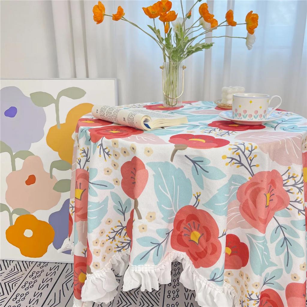 White Pleated Border Printed Tablecloth Flower Pattern Brushed Fabric Table Cover Rural Style Rectangular Dining Table Cloth