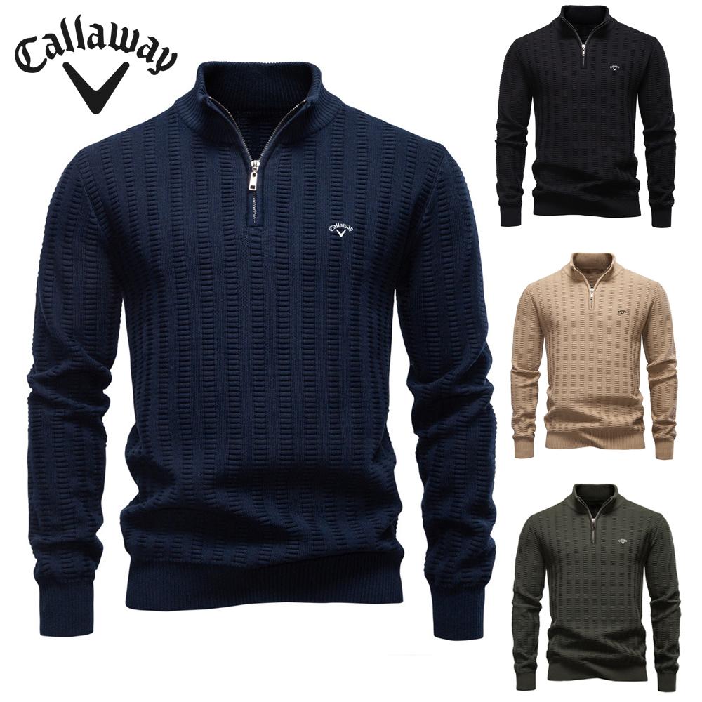 Callaway Autumn and Winter Embroidery New Striped Jacquard Women's Plus Size Sweater, Half Zipper Stand Up Collar Business Sweater