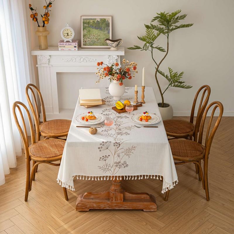 Fresh Linen-Cotton Embroidered Tablecloth Waterproof Dining Table Cloth Modern Cover