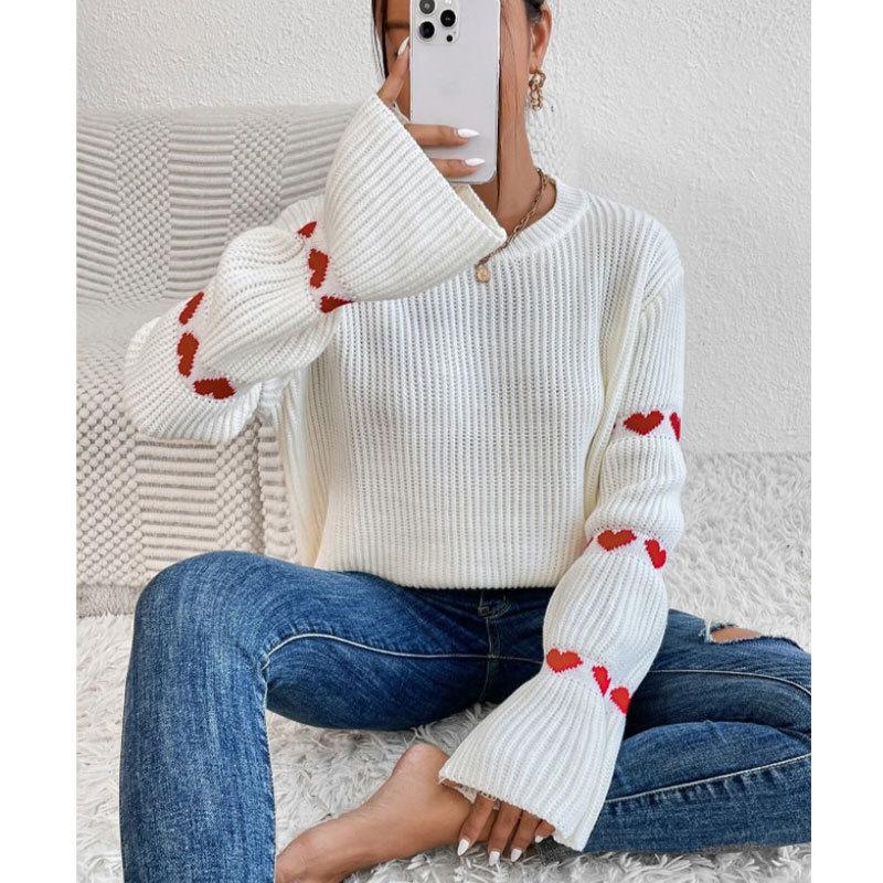 Autumn and winter European and American sweater for women, loose long-sleeve elbow heart pullover crew neck knit top for women