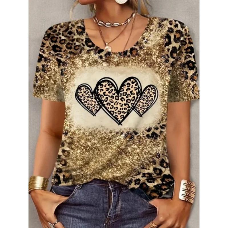 Sommer Casual Damen 3D Leopardenmuster Herz bedrucktes T-Shirt Damen Kurzarm Oberteil City Street Fashion Damen T-Shirt