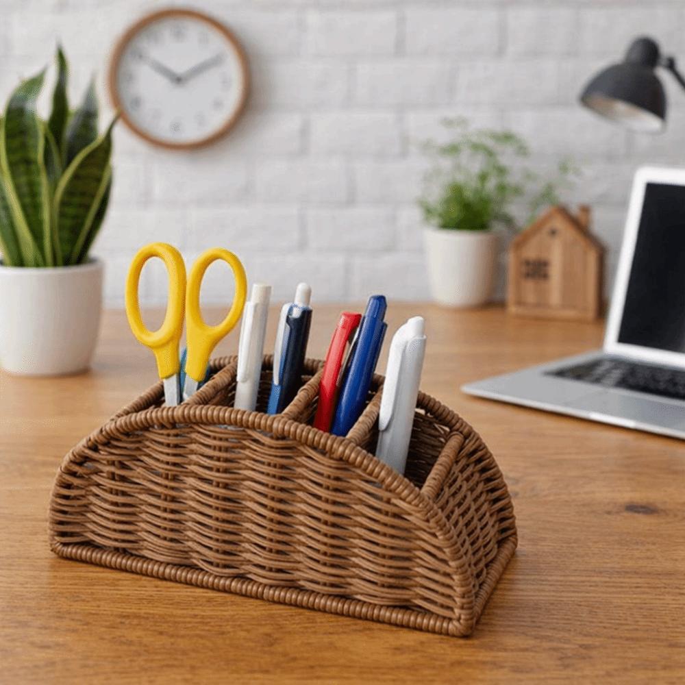 Imitation Rattan Remote Control Storage Box Handwoven Vintage Style Remote Control Holder 4 Grids Desktop Storage Box Bathroom