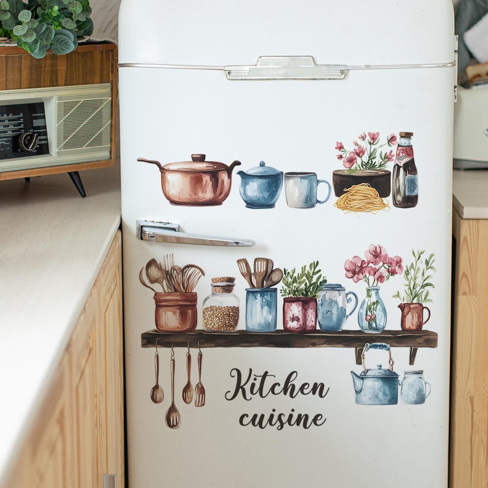 Watercolor Kitchen Utensils Spice Jars Wall Stickers for Kitchen Dining Room Home Background Decoration