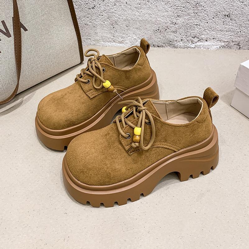 Big head beaded thick sole women's new retro versatile small height increase small leather shoes