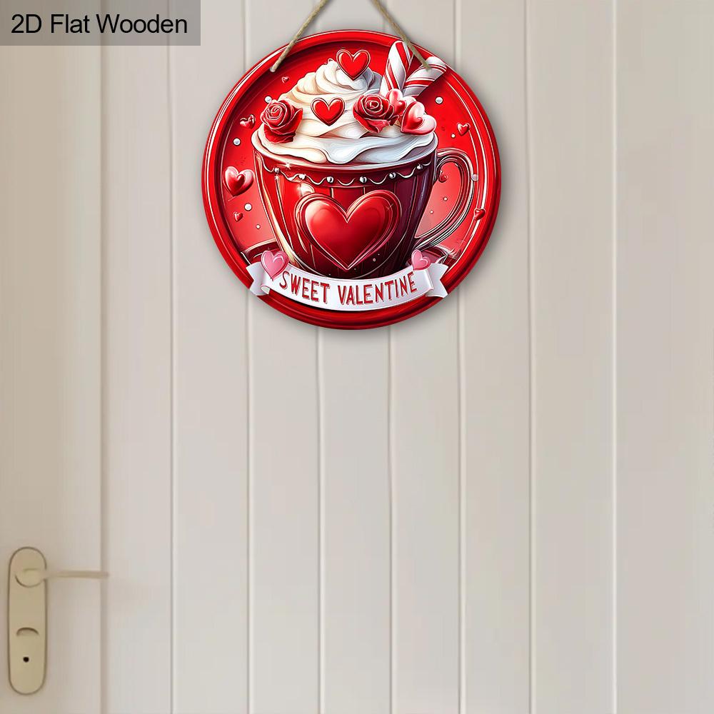 Sweet Valentine Red Coffee Cup Wooden Sign, Round Front Door Decor, Heart & Rose Wall Hanging - Ideal Romantic Gift for Valentine's Day