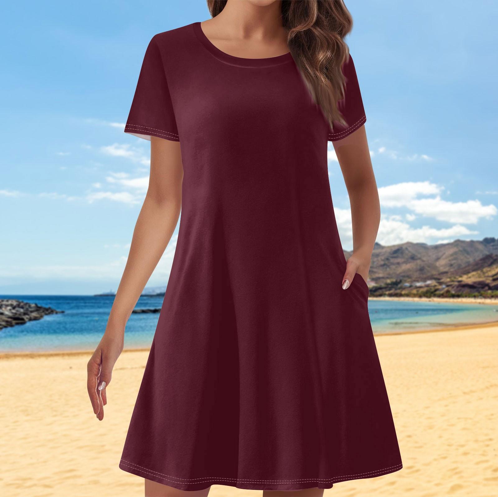 

Женские повседневные платья с однотонным принтом, летние платья с коротким рукавом и круглым вырезом S красный