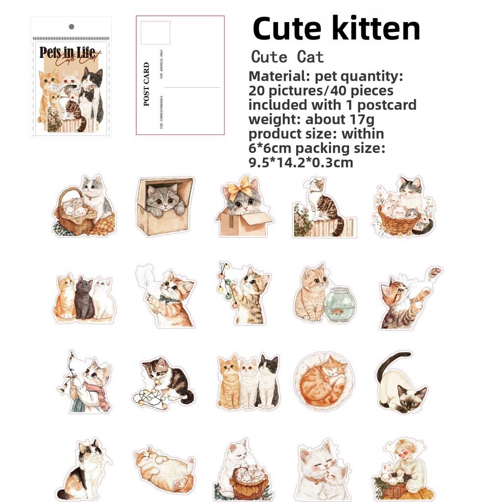 40pcs Pet Life Series Stickers Cat Cartoon Decoration Stickers for Scrapbooking Junk Journal Collage Stickers
