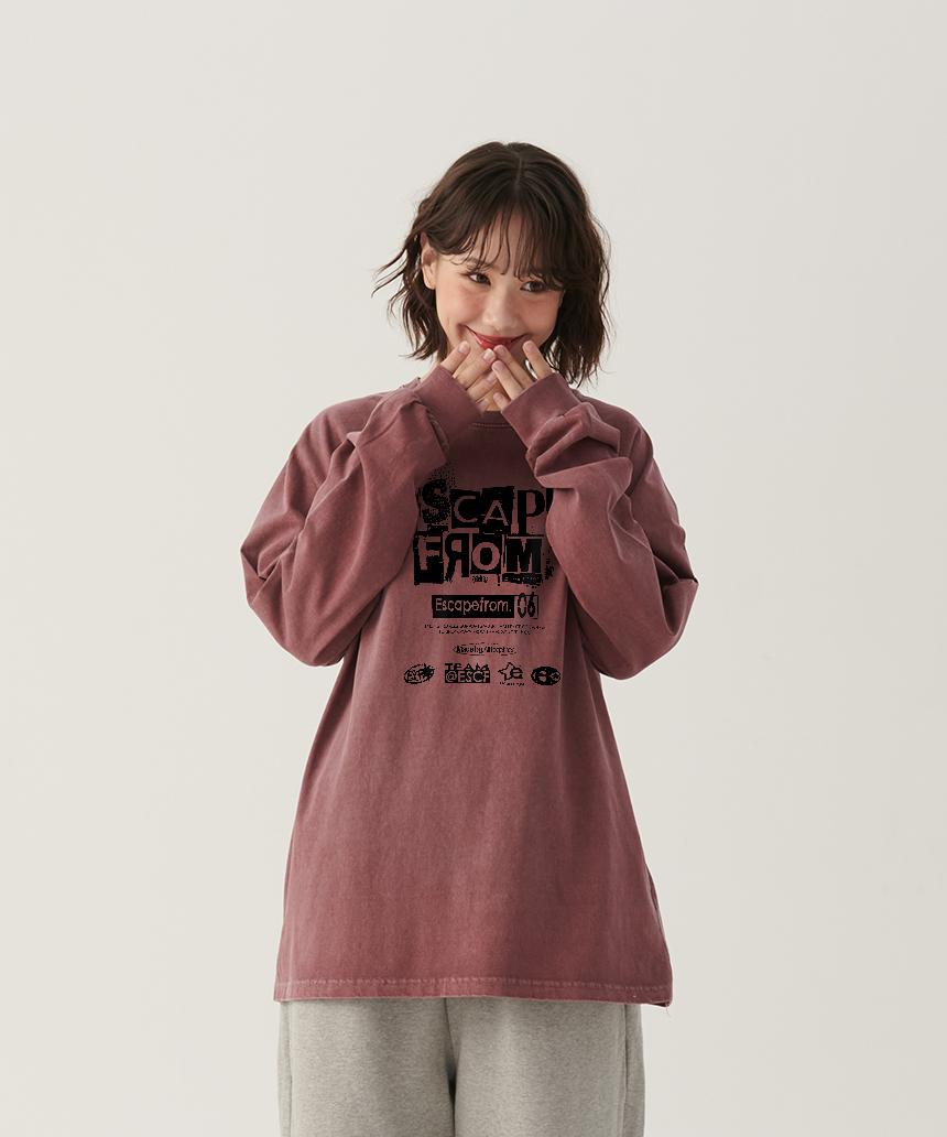 Escape From Grunge Logo Collage Print Oversized Pigment Long Sleeve [2 Colors] Burgundy/M