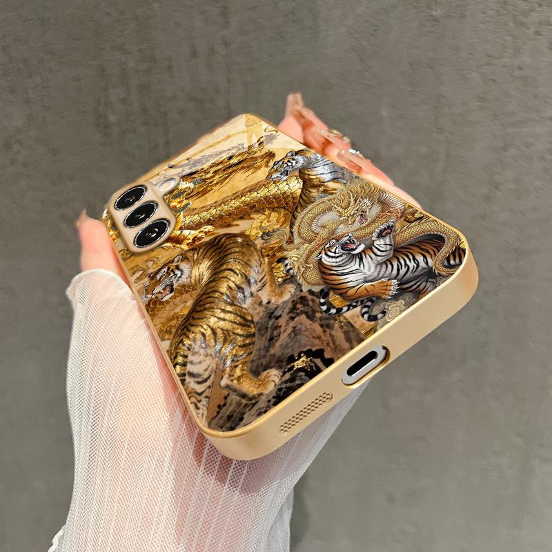Gold Patterned Dragon And Tiger Blessing 2D Phone Case for Samsung S26 S25 S24 S23 S22 S21 S20 A56 A36 A16Glass Protective Cover
