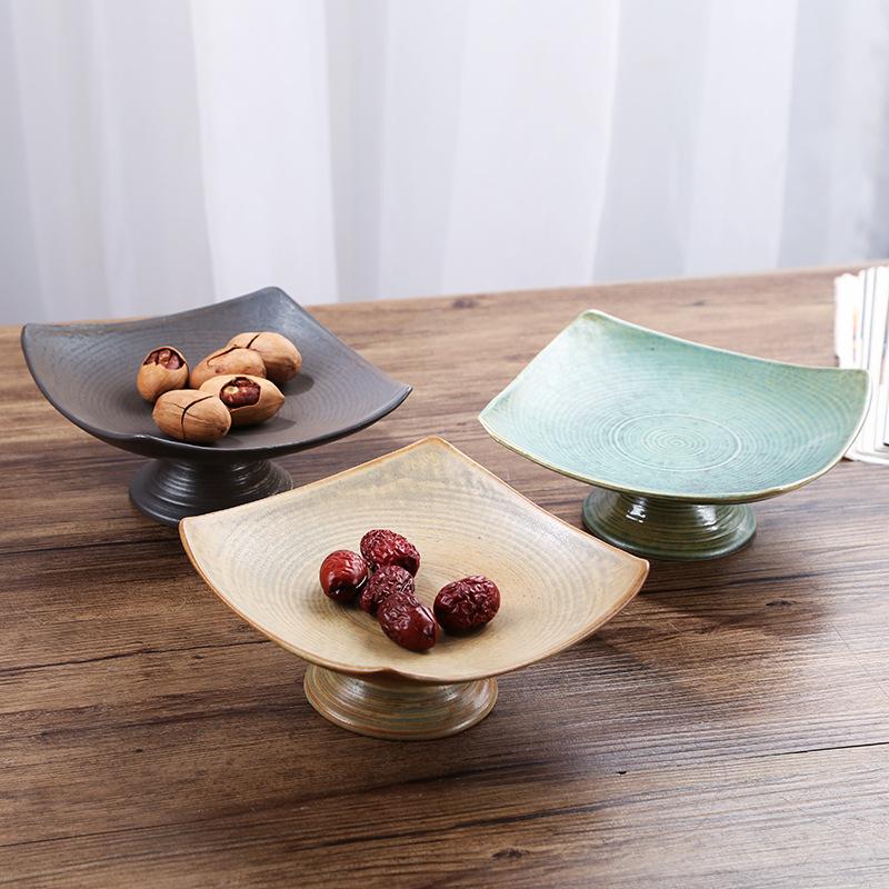 Chinese Retro Glazed Ceramic Plate High Foot Fruit Dish Japanese Zen Tea Tray for Home