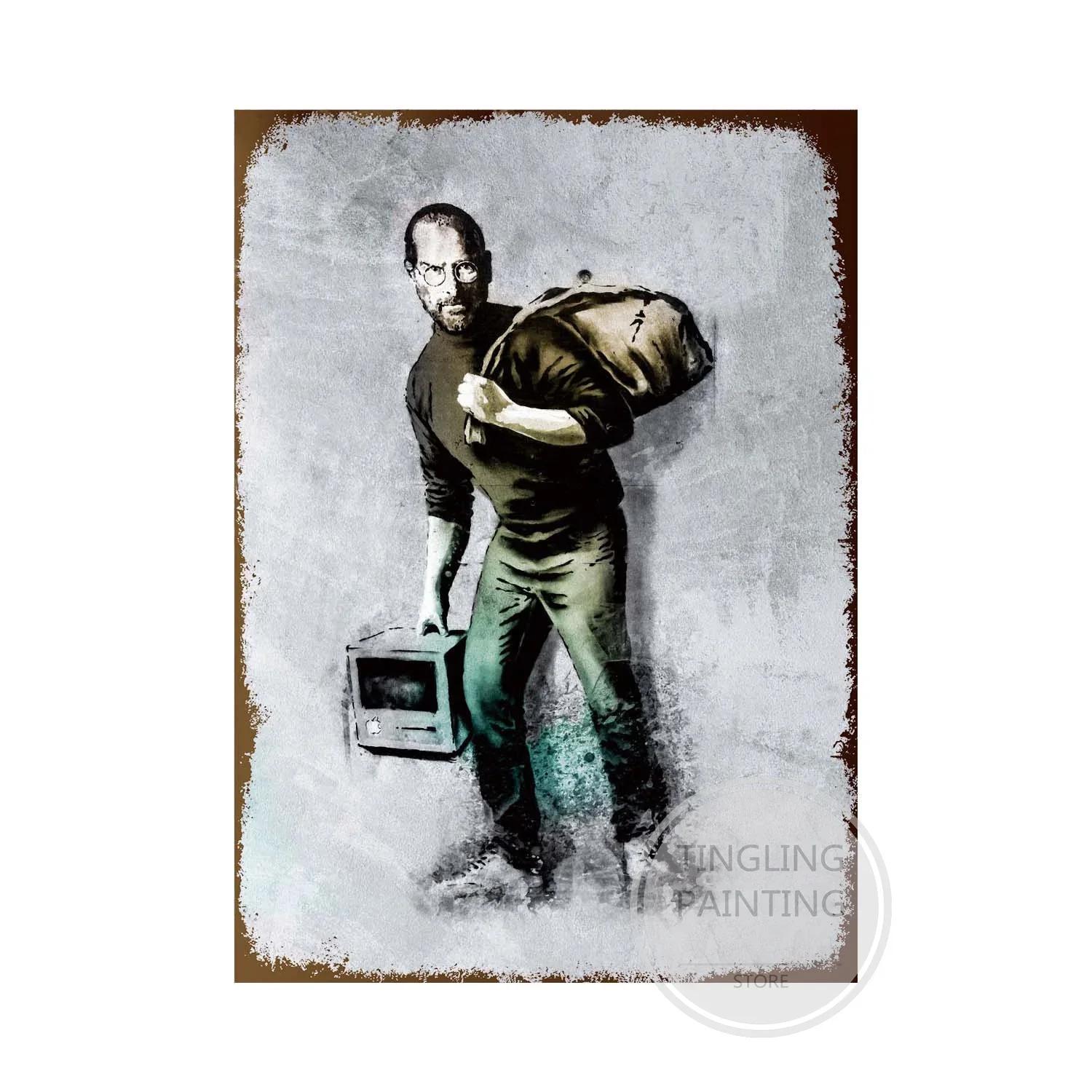 Hisun Tin Sign Banksy Style Metal Tin Sign Wall Art Vintage Graffiti Character Decorative Tin Sign Retro Street Art Iron Painting for Home Li 20x30cm