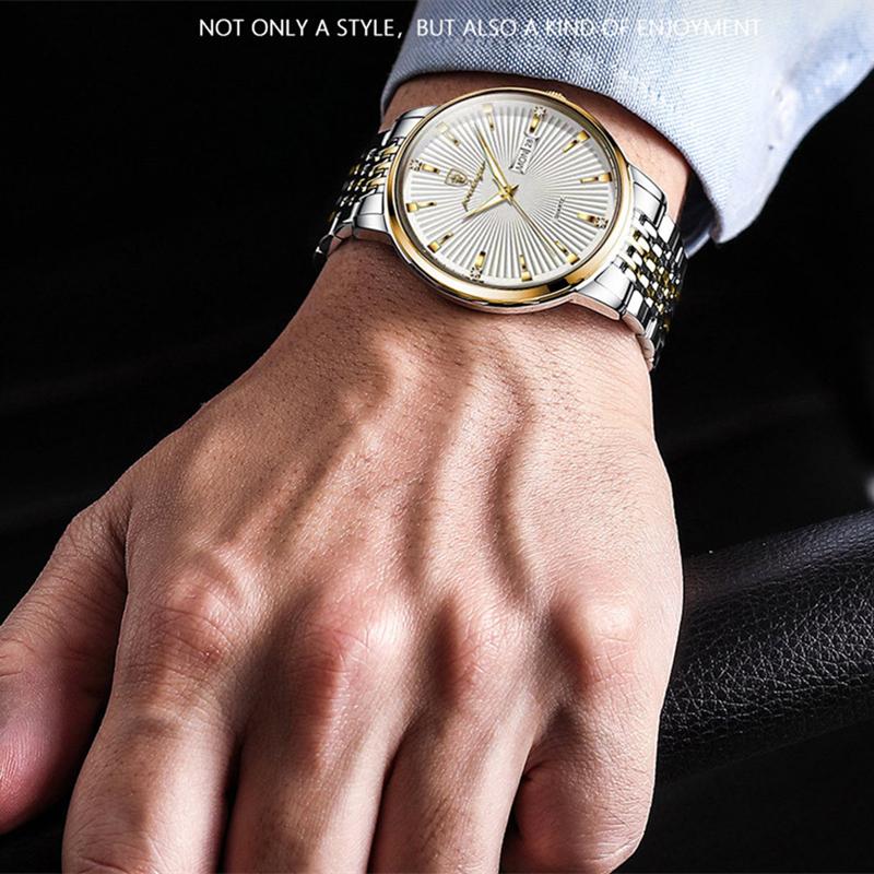 Personalizovaný design Pruhovaný ciferník Luxusní pánské hodinky Zlatý ocelový řemínek Vodotěsný kalendář Luminous Clock Pánské sportovní hodinky Chlapecké Hodinky pro volný čas