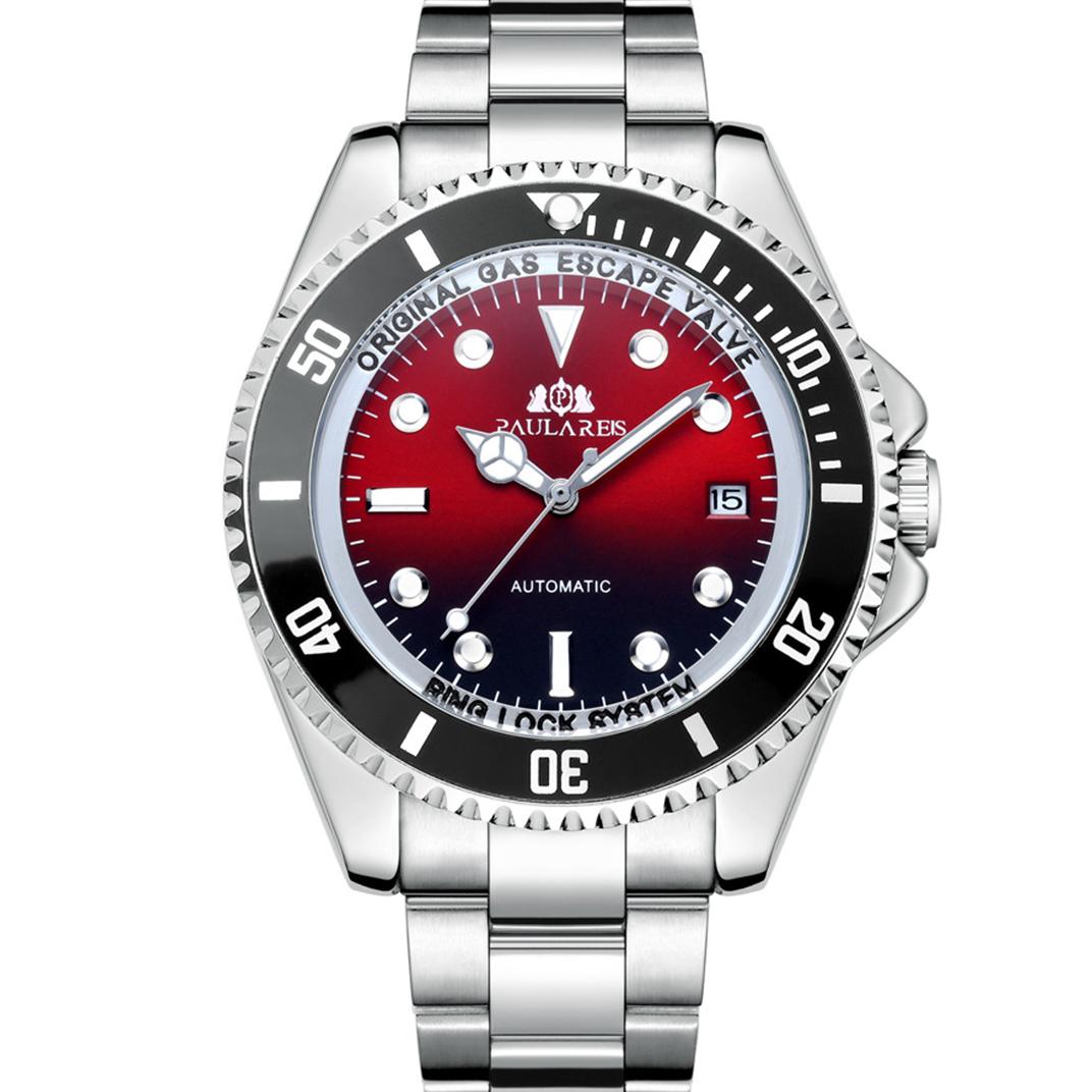 

Paulareis Полностью автоматические механические светящиеся однотонные стальные браслеты, синие, красные и зеленые мужские часы с лапшой, автоматические часы
