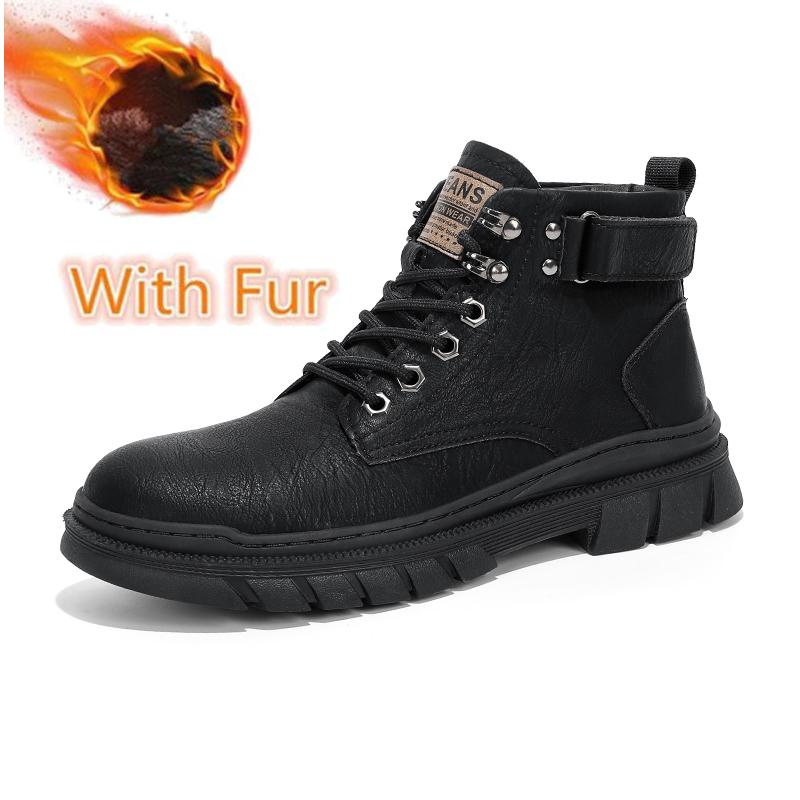 New Design Simple Men's Ankle Boots Handmade Casual Leather Biker Boot Autumn Winter High Top Shoes Plush Fur Motorcycle Botas
