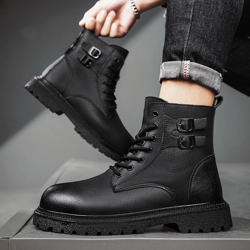 Men Outdoor Casual Leather Ankle Boots Large Size Soft Leather Motorcycle Boots Thick Bottom High Top Work Driving Shoes