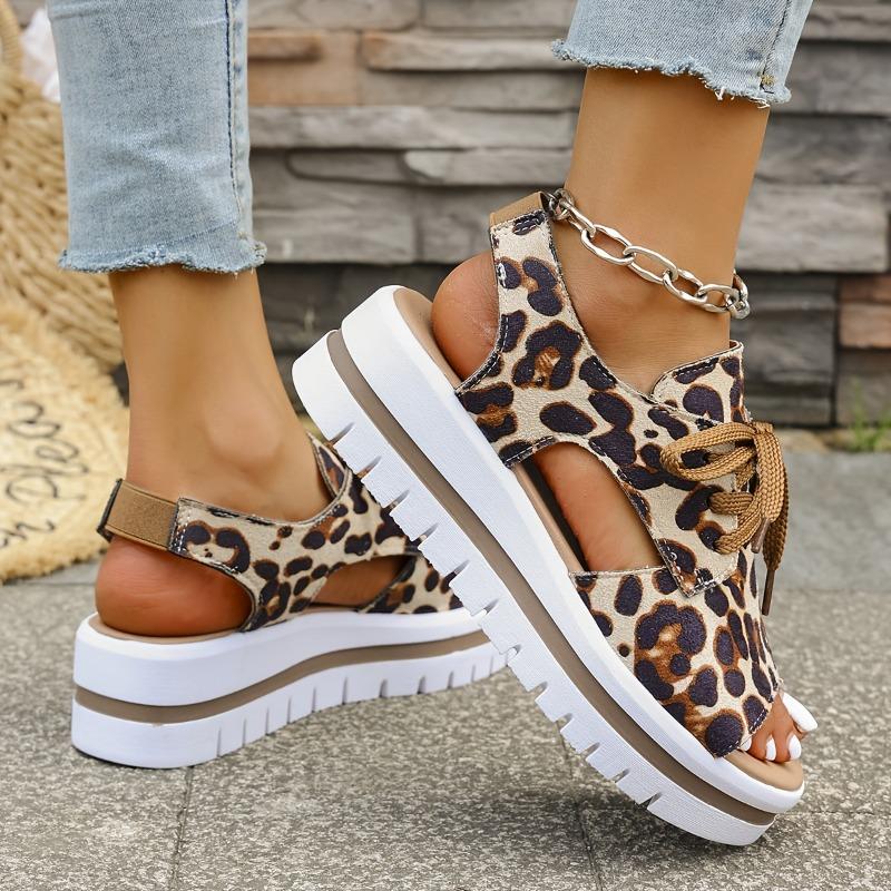 Women'S Solid Color Trendy Sandals, Leopard Print Lace-Up Fashionable Walking Shoes, Summer Casual Beach Vacation Platform Shoes.