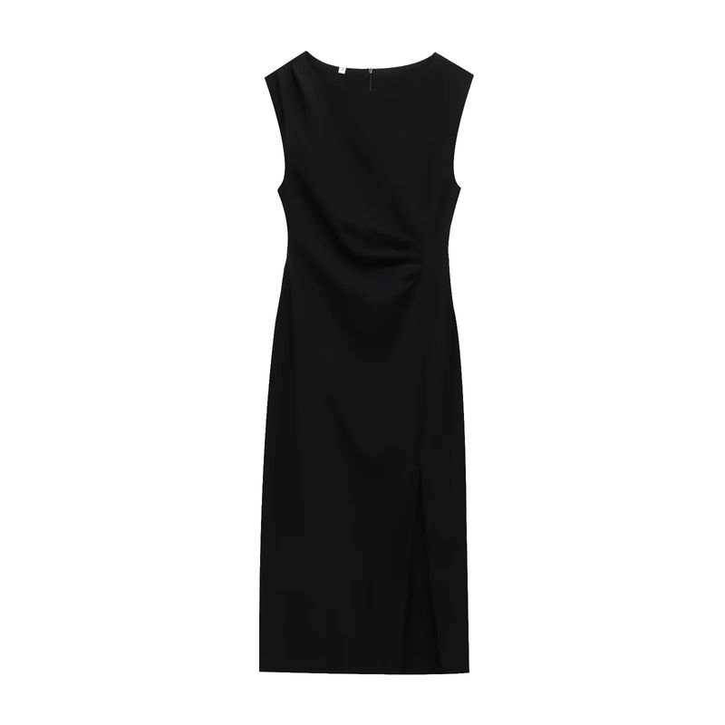 Fall and Winter New Waist Slim Looking Pleated round Neck Sleeveless Slit Hemline at Hem Midi Skirt Dress 6962231
