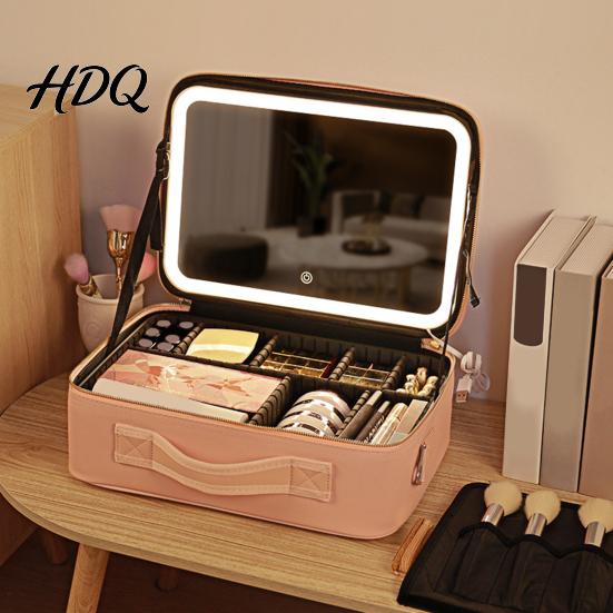 Makeup Bag with LED Mirror USB Charging Case Rechargeable Adjustable Dividers Travel Cosmetic Light-up 3 Color Lights